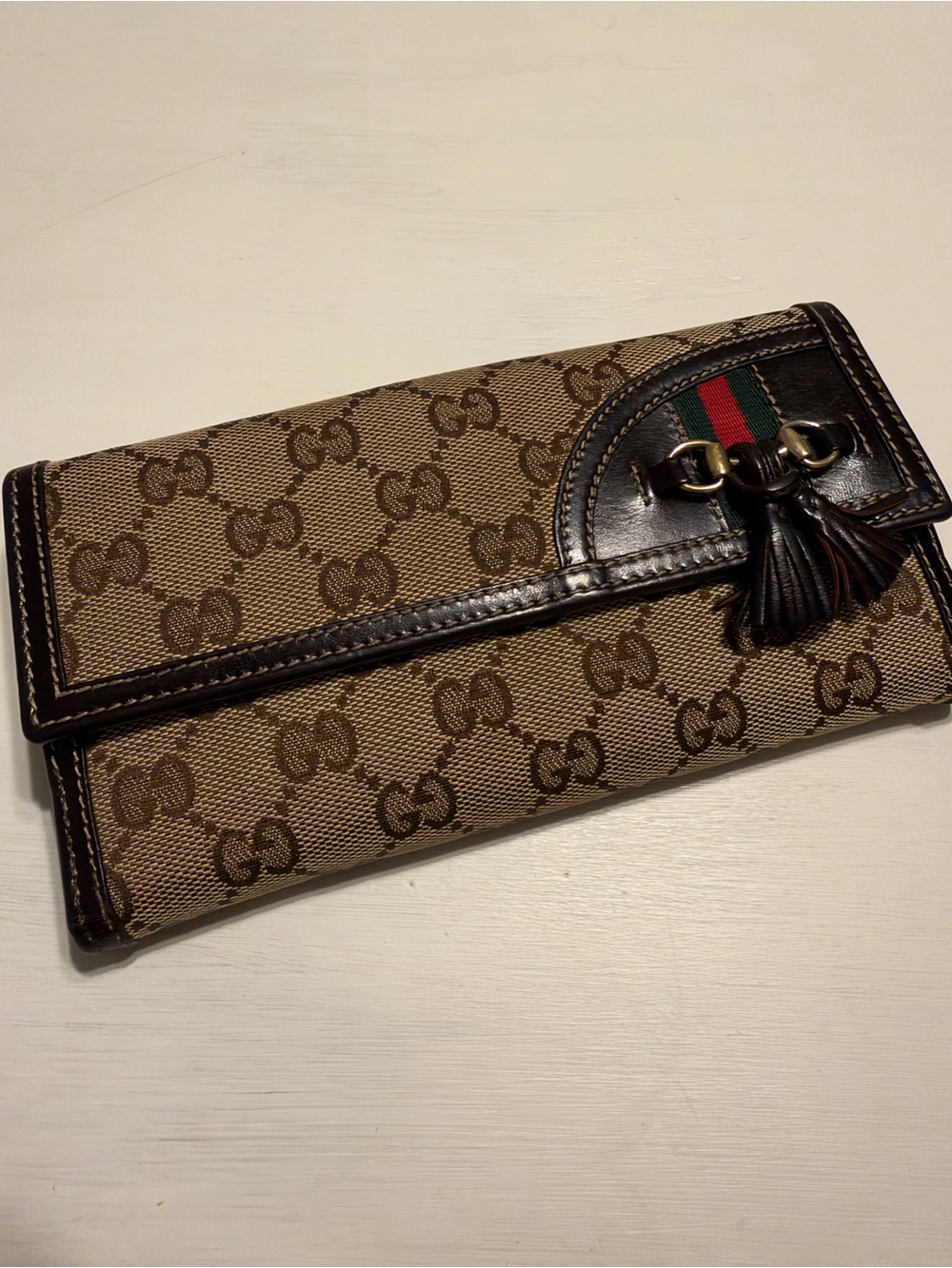 Authentic Gucci Brown/Beige GG Canvas Continental Wallet with Tassel